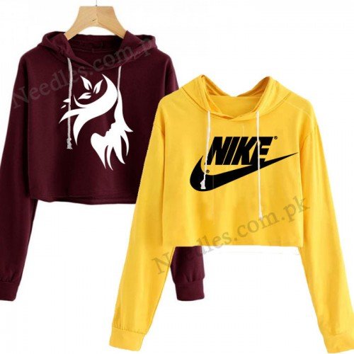Bundle of 2 Maroon & Yellow Nike Printed Crop Hoodie 